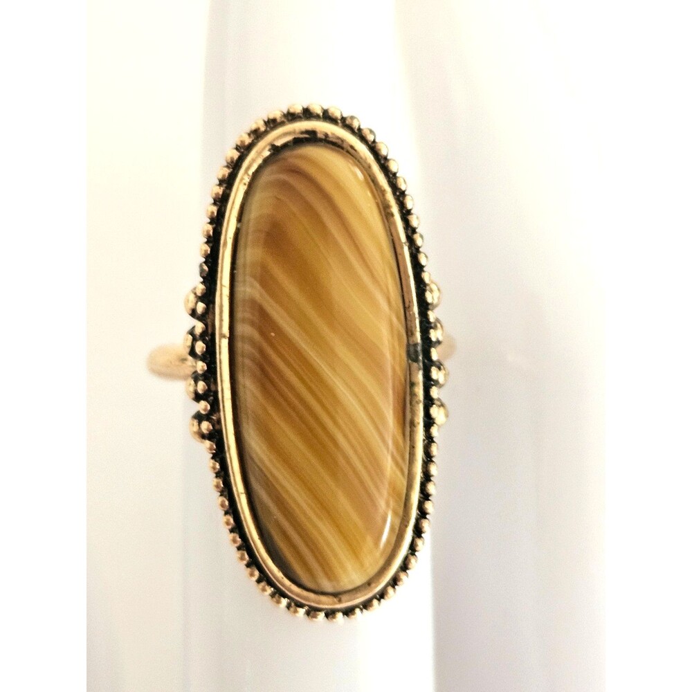 Vintage Avon 1978 Shimmering Sands Ring Brown Faux Agate Gold Sz 5-6.75 - Signed